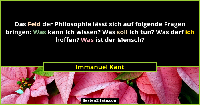 Das Feld der Philosophie lässt sich auf folgende Fragen bringen: Was kann ich wissen? Was soll ich tun? Was darf ich hoffen? Was ist d... - Immanuel Kant