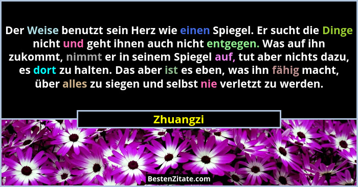 Der Weise benutzt sein Herz wie einen Spiegel. Er sucht die Dinge nicht und geht ihnen auch nicht entgegen. Was auf ihn zukommt, nimmt er i... - Zhuangzi