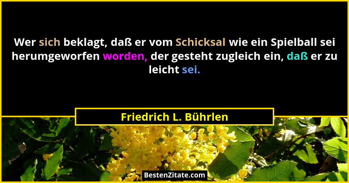 Wer sich beklagt, daß er vom Schicksal wie ein Spielball sei herumgeworfen worden, der gesteht zugleich ein, daß er zu leicht s... - Friedrich L. Bührlen