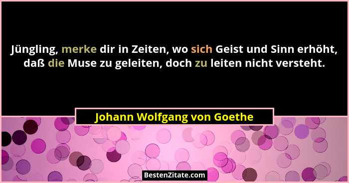 Jüngling, merke dir in Zeiten, wo sich Geist und Sinn erhöht, daß die Muse zu geleiten, doch zu leiten nicht versteht.... - Johann Wolfgang von Goethe