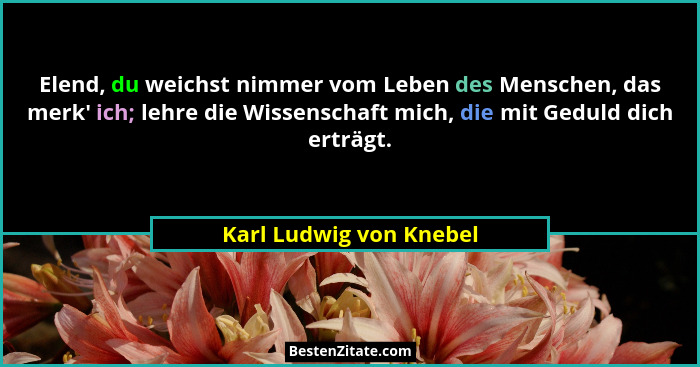 Elend, du weichst nimmer vom Leben des Menschen, das merk' ich; lehre die Wissenschaft mich, die mit Geduld dich erträgt.... - Karl Ludwig von Knebel