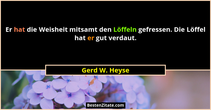 Er hat die Weisheit mitsamt den Löffeln gefressen. Die Löffel hat er gut verdaut.... - Gerd W. Heyse