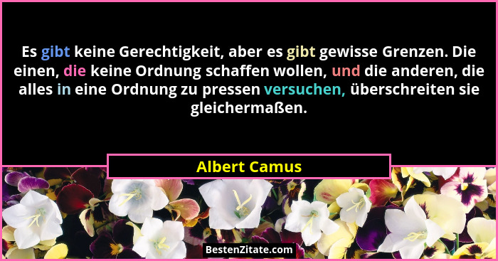 Es gibt keine Gerechtigkeit, aber es gibt gewisse Grenzen. Die einen, die keine Ordnung schaffen wollen, und die anderen, die alles in... - Albert Camus
