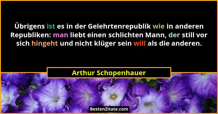 Übrigens ist es in der Gelehrtenrepublik wie in anderen Republiken: man liebt einen schlichten Mann, der still vor sich hingeht... - Arthur Schopenhauer