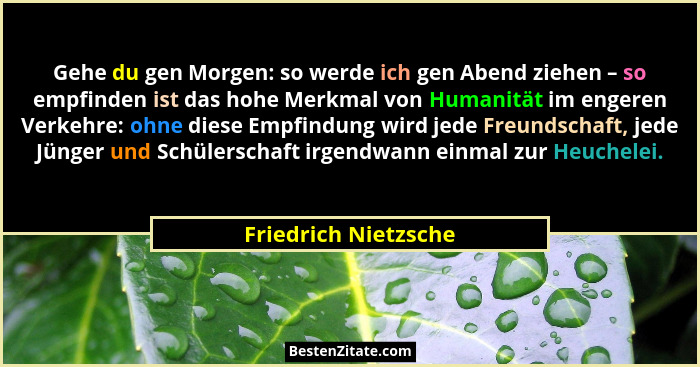 Gehe du gen Morgen: so werde ich gen Abend ziehen – so empfinden ist das hohe Merkmal von Humanität im engeren Verkehre: ohne di... - Friedrich Nietzsche