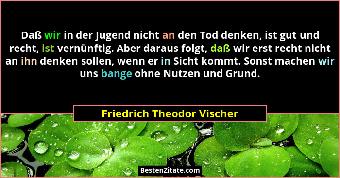 Daß wir in der Jugend nicht an den Tod denken, ist gut und recht, ist vernünftig. Aber daraus folgt, daß wir erst recht ni... - Friedrich Theodor Vischer