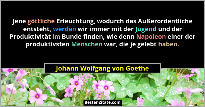 Jene göttliche Erleuchtung, wodurch das Außerordentliche entsteht, werden wir immer mit der Jugend und der Produktivität... - Johann Wolfgang von Goethe