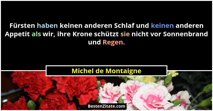 Fürsten haben keinen anderen Schlaf und keinen anderen Appetit als wir, ihre Krone schützt sie nicht vor Sonnenbrand und Regen.... - Michel de Montaigne