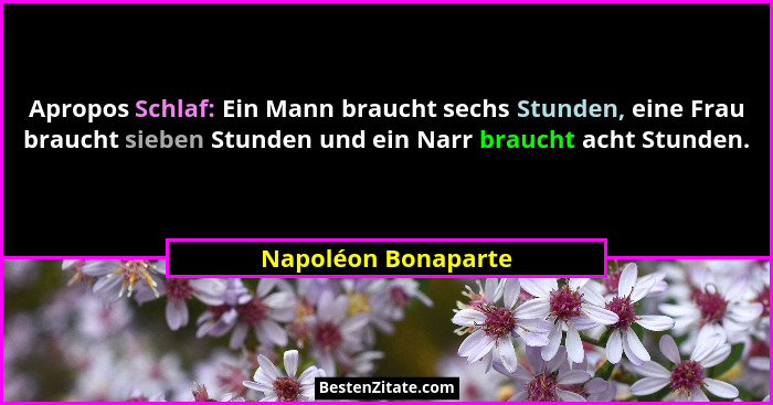 Apropos Schlaf: Ein Mann braucht sechs Stunden, eine Frau braucht sieben Stunden und ein Narr braucht acht Stunden.... - Napoléon Bonaparte