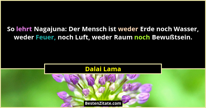 So lehrt Nagajuna: Der Mensch ist weder Erde noch Wasser, weder Feuer, noch Luft, weder Raum noch Bewußtsein.... - Dalai Lama