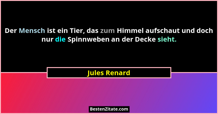 Der Mensch ist ein Tier, das zum Himmel aufschaut und doch nur die Spinnweben an der Decke sieht.... - Jules Renard