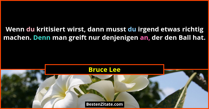 Wenn du kritisiert wirst, dann musst du irgend etwas richtig machen. Denn man greift nur denjenigen an, der den Ball hat.... - Bruce Lee