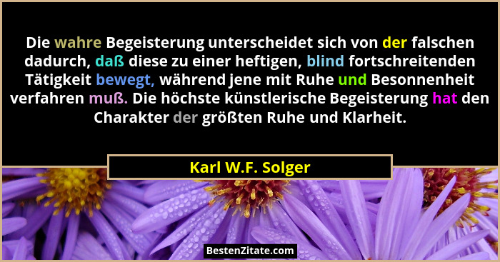 Die wahre Begeisterung unterscheidet sich von der falschen dadurch, daß diese zu einer heftigen, blind fortschreitenden Tätigkeit b... - Karl W.F. Solger