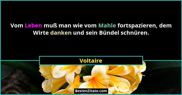 Vom Leben muß man wie vom Mahle fortspazieren, dem Wirte danken und sein Bündel schnüren.... - Voltaire