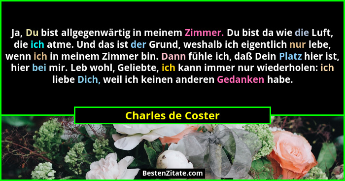 Ja, Du bist allgegenwärtig in meinem Zimmer. Du bist da wie die Luft, die ich atme. Und das ist der Grund, weshalb ich eigentlich... - Charles de Coster