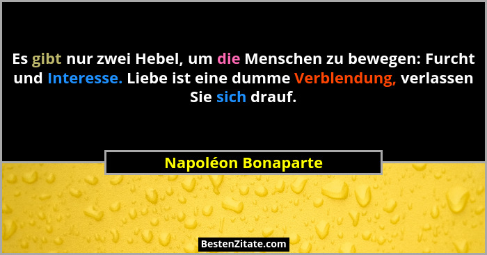 Es gibt nur zwei Hebel, um die Menschen zu bewegen: Furcht und Interesse. Liebe ist eine dumme Verblendung, verlassen Sie sich dr... - Napoléon Bonaparte