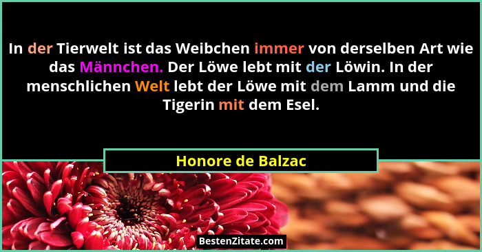 In der Tierwelt ist das Weibchen immer von derselben Art wie das Männchen. Der Löwe lebt mit der Löwin. In der menschlichen Welt le... - Honore de Balzac