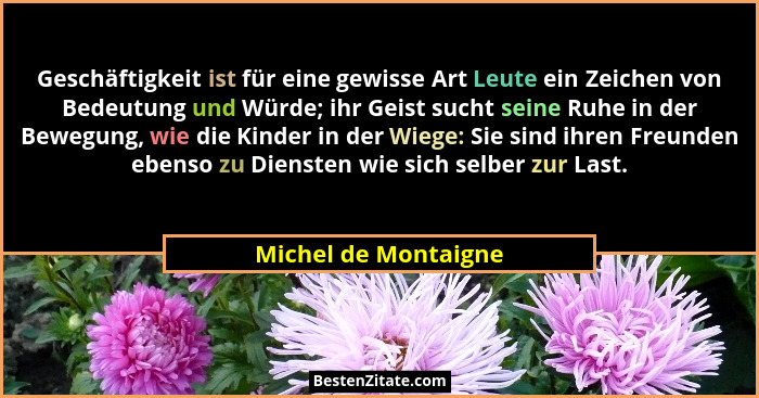 Geschäftigkeit ist für eine gewisse Art Leute ein Zeichen von Bedeutung und Würde; ihr Geist sucht seine Ruhe in der Bewegung, w... - Michel de Montaigne