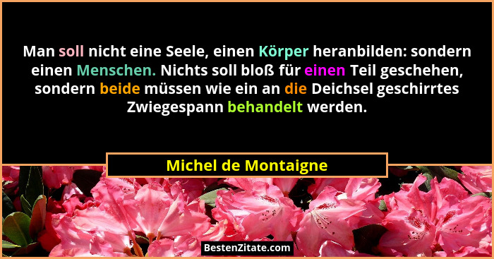 Man soll nicht eine Seele, einen Körper heranbilden: sondern einen Menschen. Nichts soll bloß für einen Teil geschehen, sondern... - Michel de Montaigne