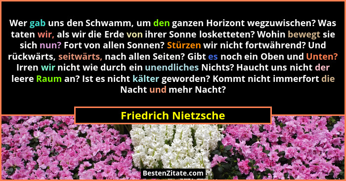 Wer gab uns den Schwamm, um den ganzen Horizont wegzuwischen? Was taten wir, als wir die Erde von ihrer Sonne losketteten? Wohin... - Friedrich Nietzsche