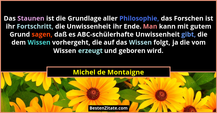 Das Staunen ist die Grundlage aller Philosophie, das Forschen ist ihr Fortschritt, die Unwissenheit ihr Ende. Man kann mit gutem... - Michel de Montaigne