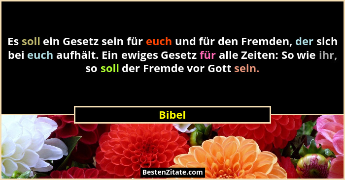 Es soll ein Gesetz sein für euch und für den Fremden, der sich bei euch aufhält. Ein ewiges Gesetz für alle Zeiten: So wie ihr, so soll der Fr... - Bibel