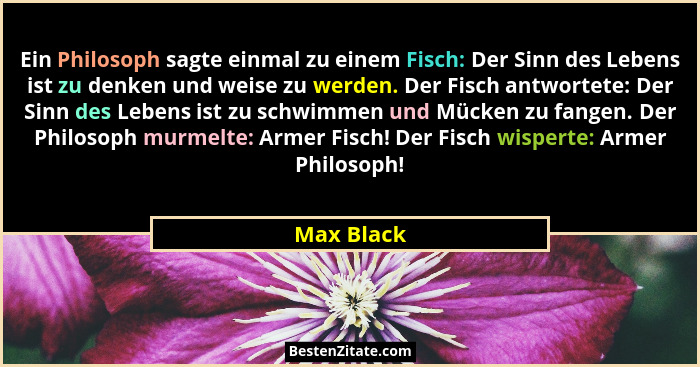 Ein Philosoph sagte einmal zu einem Fisch: Der Sinn des Lebens ist zu denken und weise zu werden. Der Fisch antwortete: Der Sinn des Leben... - Max Black