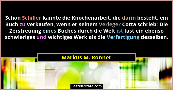 Schon Schiller kannte die Knochenarbeit, die darin besteht, ein Buch zu verkaufen, wenn er seinem Verleger Cotta schrieb: Die Zerst... - Markus M. Ronner