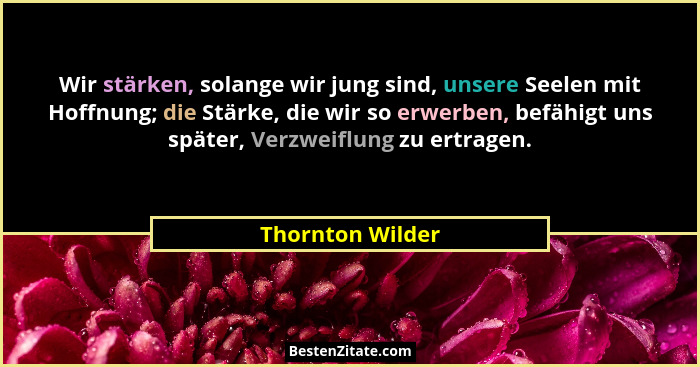 Wir stärken, solange wir jung sind, unsere Seelen mit Hoffnung; die Stärke, die wir so erwerben, befähigt uns später, Verzweiflung z... - Thornton Wilder