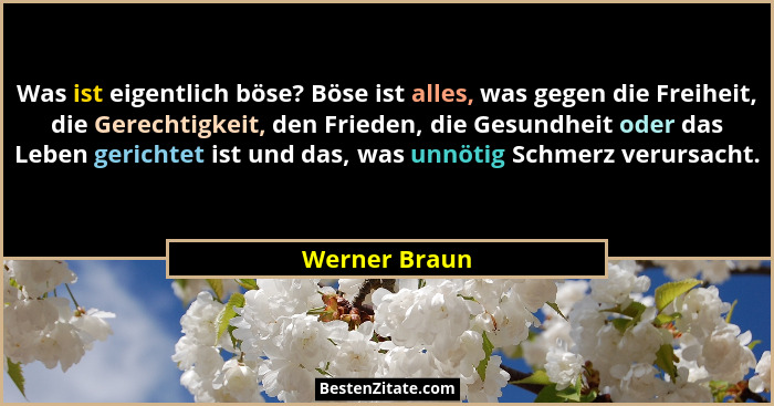 Was ist eigentlich böse? Böse ist alles, was gegen die Freiheit, die Gerechtigkeit, den Frieden, die Gesundheit oder das Leben gerichte... - Werner Braun