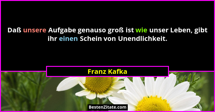 Daß unsere Aufgabe genauso groß ist wie unser Leben, gibt ihr einen Schein von Unendlichkeit.... - Franz Kafka