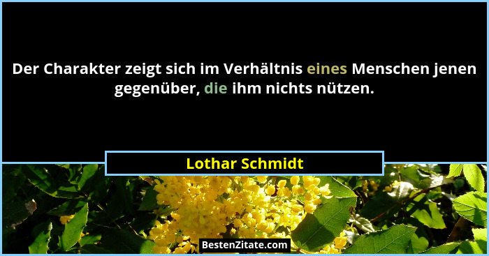 Der Charakter zeigt sich im Verhältnis eines Menschen jenen gegenüber, die ihm nichts nützen.... - Lothar Schmidt