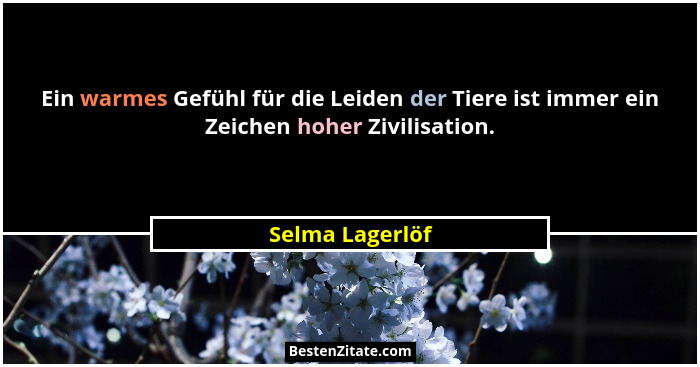 Ein warmes Gefühl für die Leiden der Tiere ist immer ein Zeichen hoher Zivilisation.... - Selma Lagerlöf
