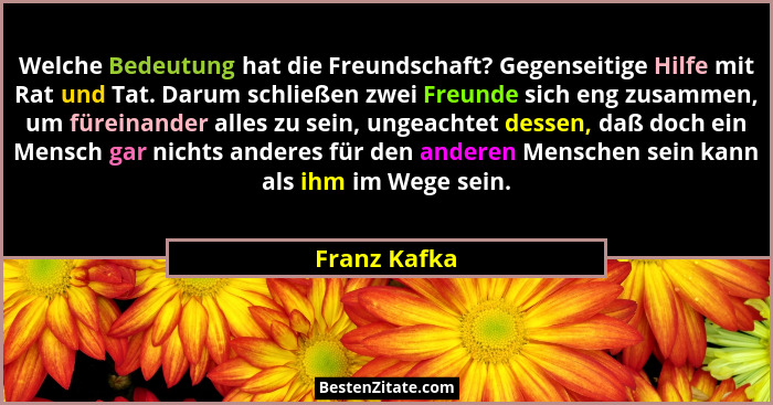 Welche Bedeutung hat die Freundschaft? Gegenseitige Hilfe mit Rat und Tat. Darum schließen zwei Freunde sich eng zusammen, um füreinande... - Franz Kafka