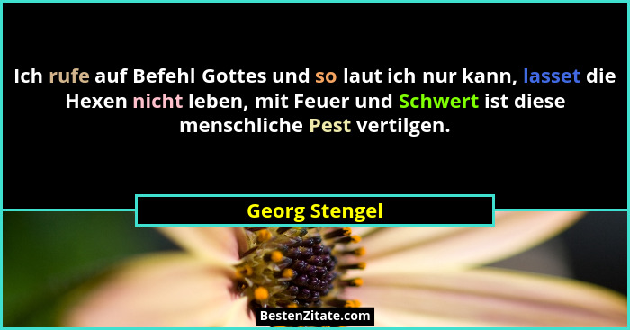 Ich rufe auf Befehl Gottes und so laut ich nur kann, lasset die Hexen nicht leben, mit Feuer und Schwert ist diese menschliche Pest ve... - Georg Stengel