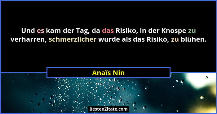 Und es kam der Tag, da das Risiko, in der Knospe zu verharren, schmerzlicher wurde als das Risiko, zu blühen.... - Anaïs Nin