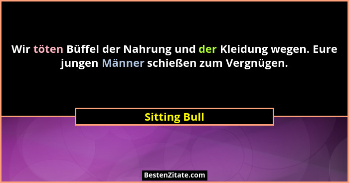Wir töten Büffel der Nahrung und der Kleidung wegen. Eure jungen Männer schießen zum Vergnügen.... - Sitting Bull