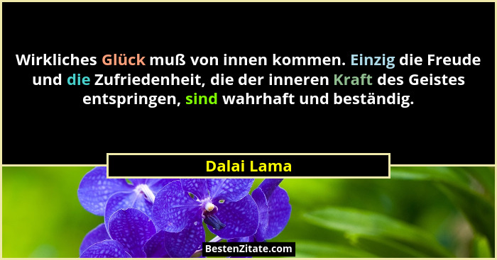 Wirkliches Glück muß von innen kommen. Einzig die Freude und die Zufriedenheit, die der inneren Kraft des Geistes entspringen, sind wahrh... - Dalai Lama