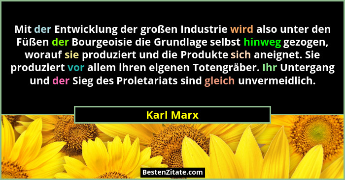 Mit der Entwicklung der großen Industrie wird also unter den Füßen der Bourgeoisie die Grundlage selbst hinweg gezogen, worauf sie produzi... - Karl Marx