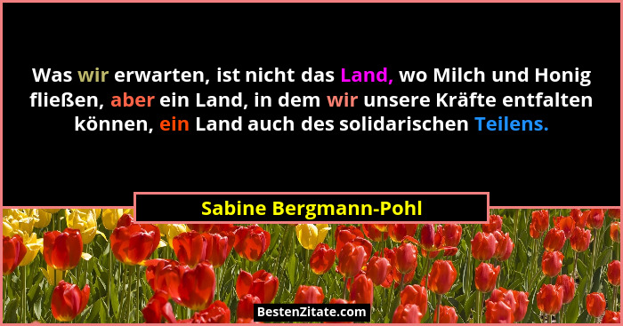 Was wir erwarten, ist nicht das Land, wo Milch und Honig fließen, aber ein Land, in dem wir unsere Kräfte entfalten können, ein... - Sabine Bergmann-Pohl