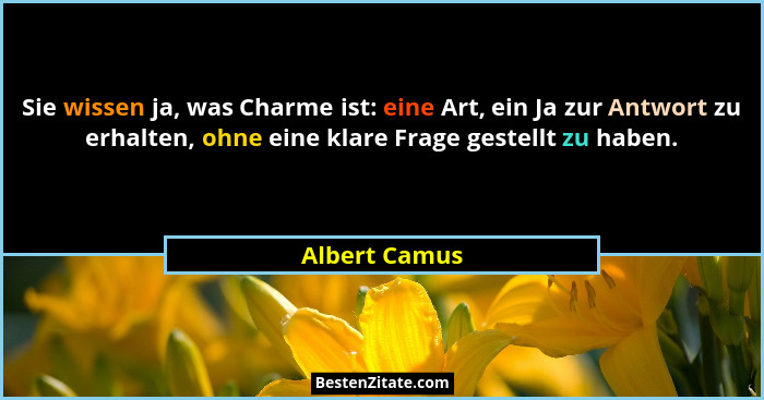 Sie wissen ja, was Charme ist: eine Art, ein Ja zur Antwort zu erhalten, ohne eine klare Frage gestellt zu haben.... - Albert Camus