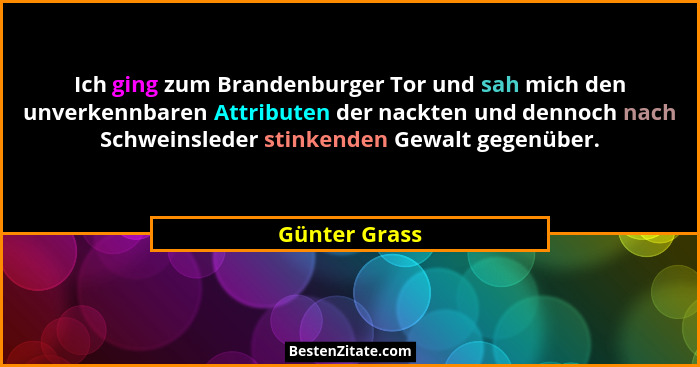 Ich ging zum Brandenburger Tor und sah mich den unverkennbaren Attributen der nackten und dennoch nach Schweinsleder stinkenden Gewalt... - Günter Grass