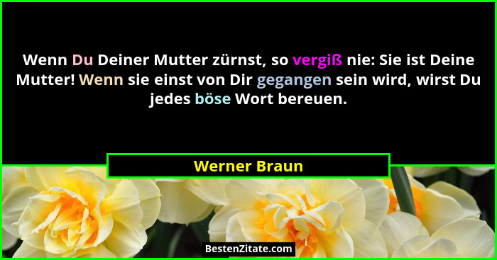 Wenn Du Deiner Mutter zürnst, so vergiß nie: Sie ist Deine Mutter! Wenn sie einst von Dir gegangen sein wird, wirst Du jedes böse Wort... - Werner Braun