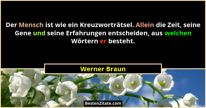 Der Mensch ist wie ein Kreuzworträtsel. Allein die Zeit, seine Gene und seine Erfahrungen entscheiden, aus welchen Wörtern er besteht.... - Werner Braun