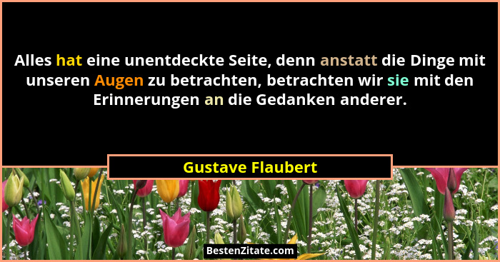 Alles hat eine unentdeckte Seite, denn anstatt die Dinge mit unseren Augen zu betrachten, betrachten wir sie mit den Erinnerungen a... - Gustave Flaubert