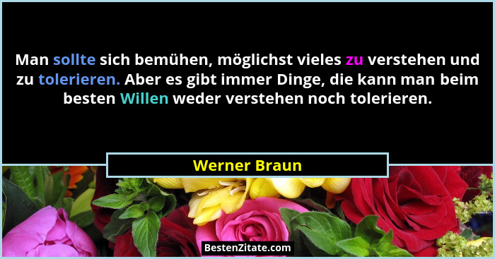 Man sollte sich bemühen, möglichst vieles zu verstehen und zu tolerieren. Aber es gibt immer Dinge, die kann man beim besten Willen wed... - Werner Braun