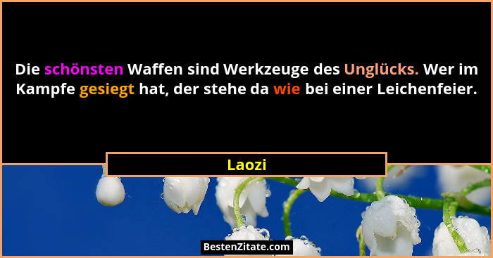 Die schönsten Waffen sind Werkzeuge des Unglücks. Wer im Kampfe gesiegt hat, der stehe da wie bei einer Leichenfeier.... - Laozi