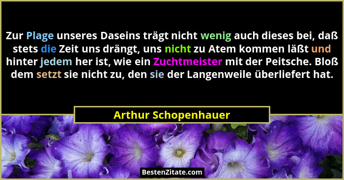 Zur Plage unseres Daseins trägt nicht wenig auch dieses bei, daß stets die Zeit uns drängt, uns nicht zu Atem kommen läßt und hi... - Arthur Schopenhauer