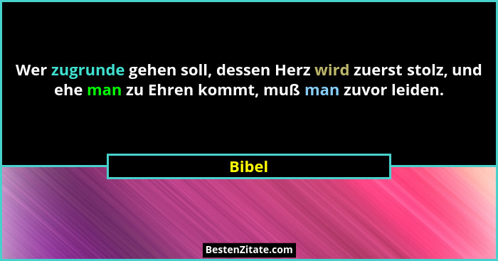 Wer zugrunde gehen soll, dessen Herz wird zuerst stolz, und ehe man zu Ehren kommt, muß man zuvor leiden.... - Bibel