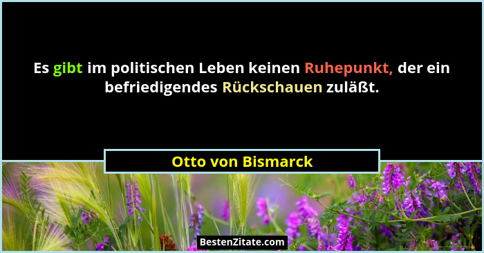 Es gibt im politischen Leben keinen Ruhepunkt, der ein befriedigendes Rückschauen zuläßt.... - Otto von Bismarck